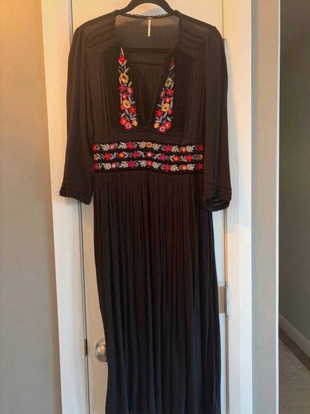 Free People Black Maxi Dress with Colorful Floral Embroidery